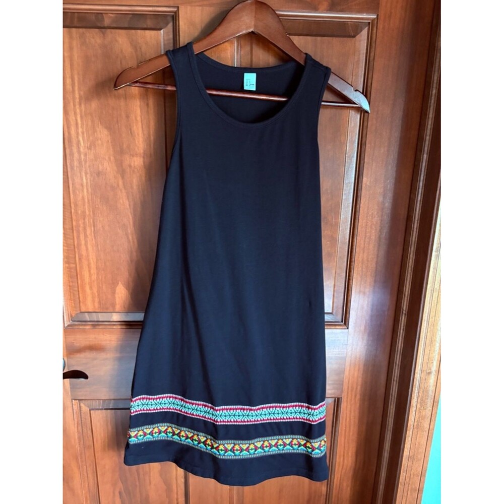 Boho Inspired Sleeveless Embroidered Hem Loose Casual Tank Dress -Small